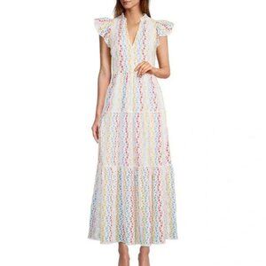 Antonio Melani Dress Size 2 Embroidered Ruffle Eyelet Maxi Striped V Neck